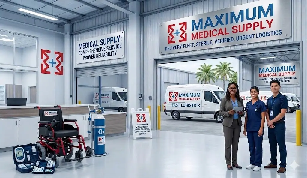 Maximum Medical Supply team and delivery fleet providing nationwide sales of diabetes care, oxygen, and mobility products, plus specialized medical equipment rentals and HIPAA-compliant courier services in New Orleans and Lafayette, Louisiana.
