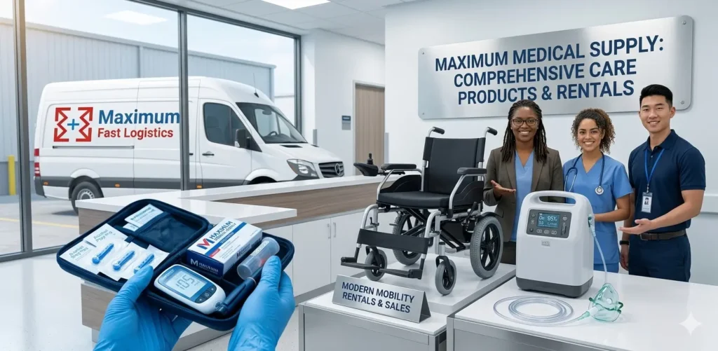 Modern New Orleans medical supply showroom for Maximum Medical Supply showcasing a diverse team, diabetes care, power wheelchairs, oxygen concentrators, and a 'Maximum Fast Logistics' delivery van for verified local transport.