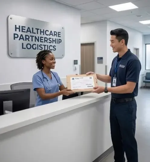 Medical courier delivering urgent healthcare supplies to a hospital laboratory technician with digital signature verification.