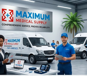Maximum Fast Logistics medical courier team in Louisiana with branded delivery vans, providing sterile, verified transport and cold-chain solutions for labs and clinics.