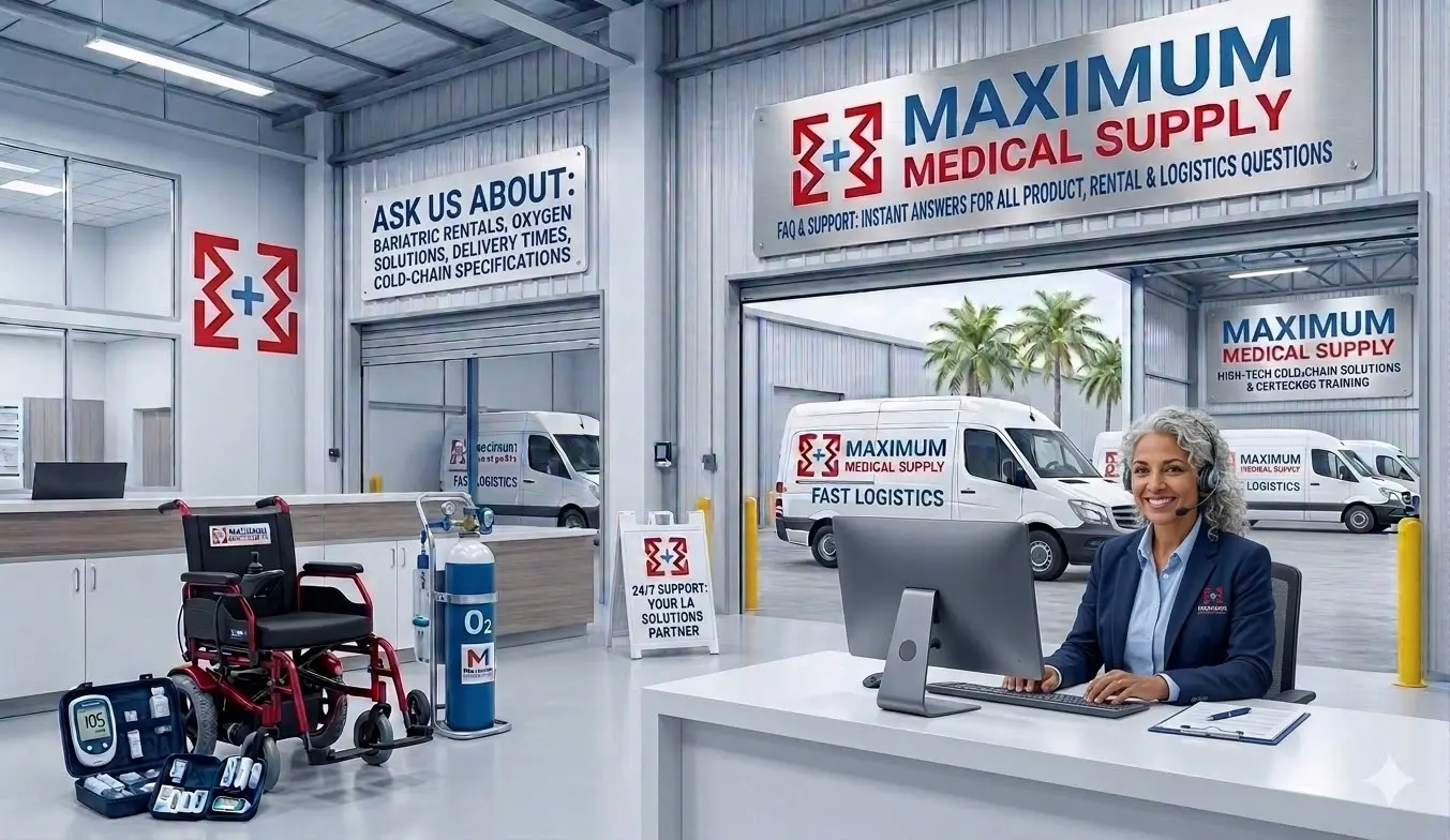 Senior medical support representative at Maximum Medical Supply providing expert guidance on nationwide sales for essential equipment, plus specialized bariatric rentals and cold-chain courier logistics for New Orleans and Lafayette, LA.