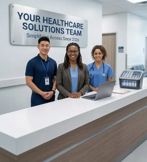 Diverse healthcare professionals collaborating in a modern clinic with Maximum Medical Supply's mobility equipment and medical technology in the background
