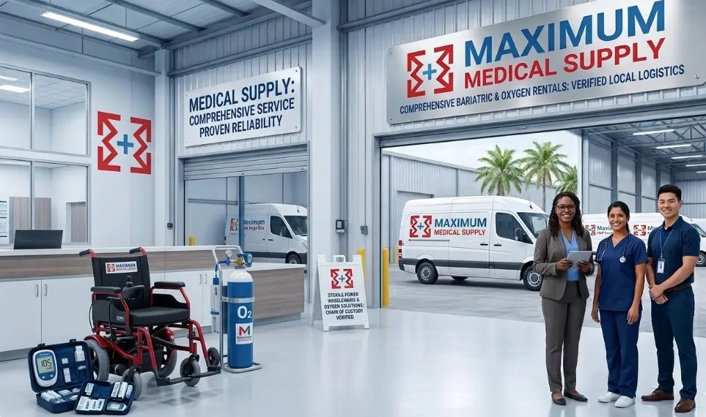 Maximum Medical Supply integrated solutions featuring a sterile power wheelchair, oxygen tanks, and diabetes care products alongside our medical team and 'Maximum Fast Logistics' delivery fleet in USA.